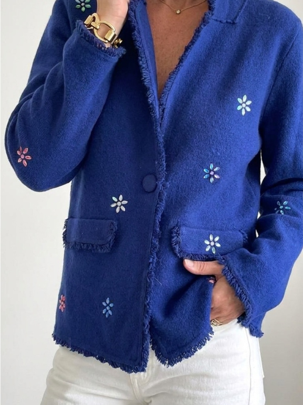 Vintage Sioni Navy Blue Floral Embellished Jacket Medium Artsy Boho Chic
